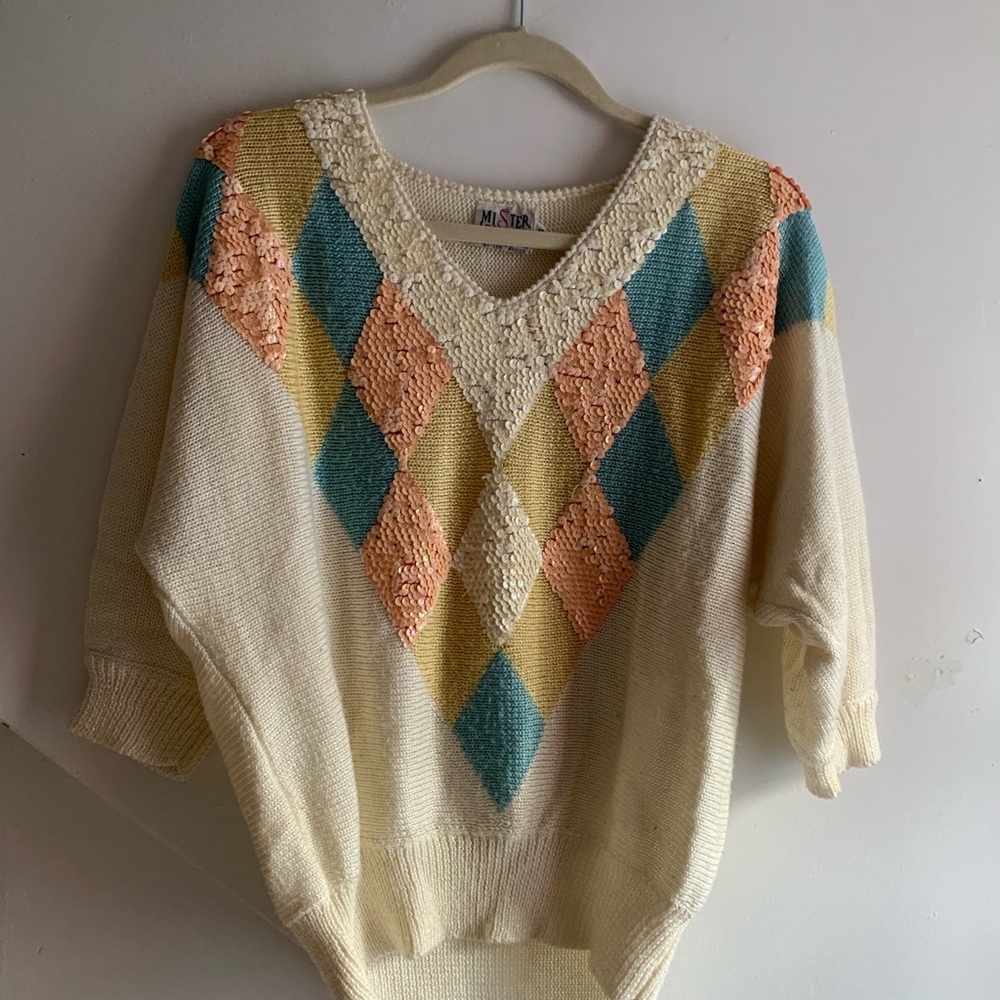 Vintage Cream and Pink V-Neck Sweater with Sequin Diamond Pattern